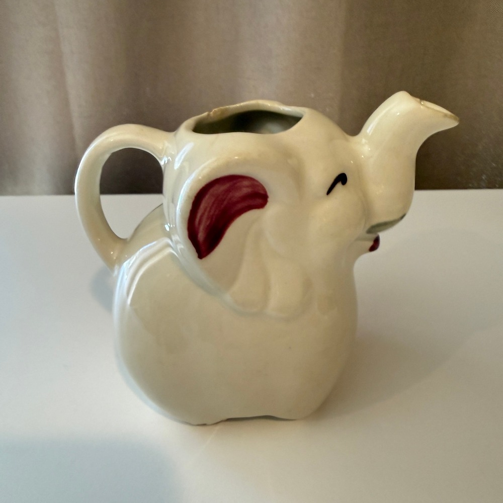 Vintage Ceramic Elephant Creamer Pitcher Hand Painted Red Ears Kitsch Decor